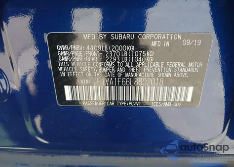 2020 Subaru Wrx Premium z USA, uszkodzony, nr VIN JF1VA1F66L8802018